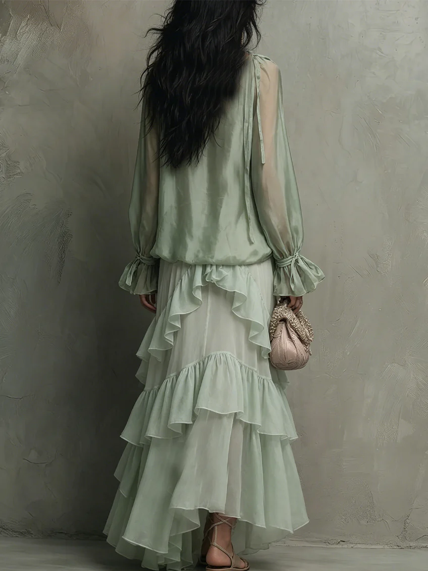 Conjunto de Falda Verde Menta con gasa, volantes y por capas - Verde Menta