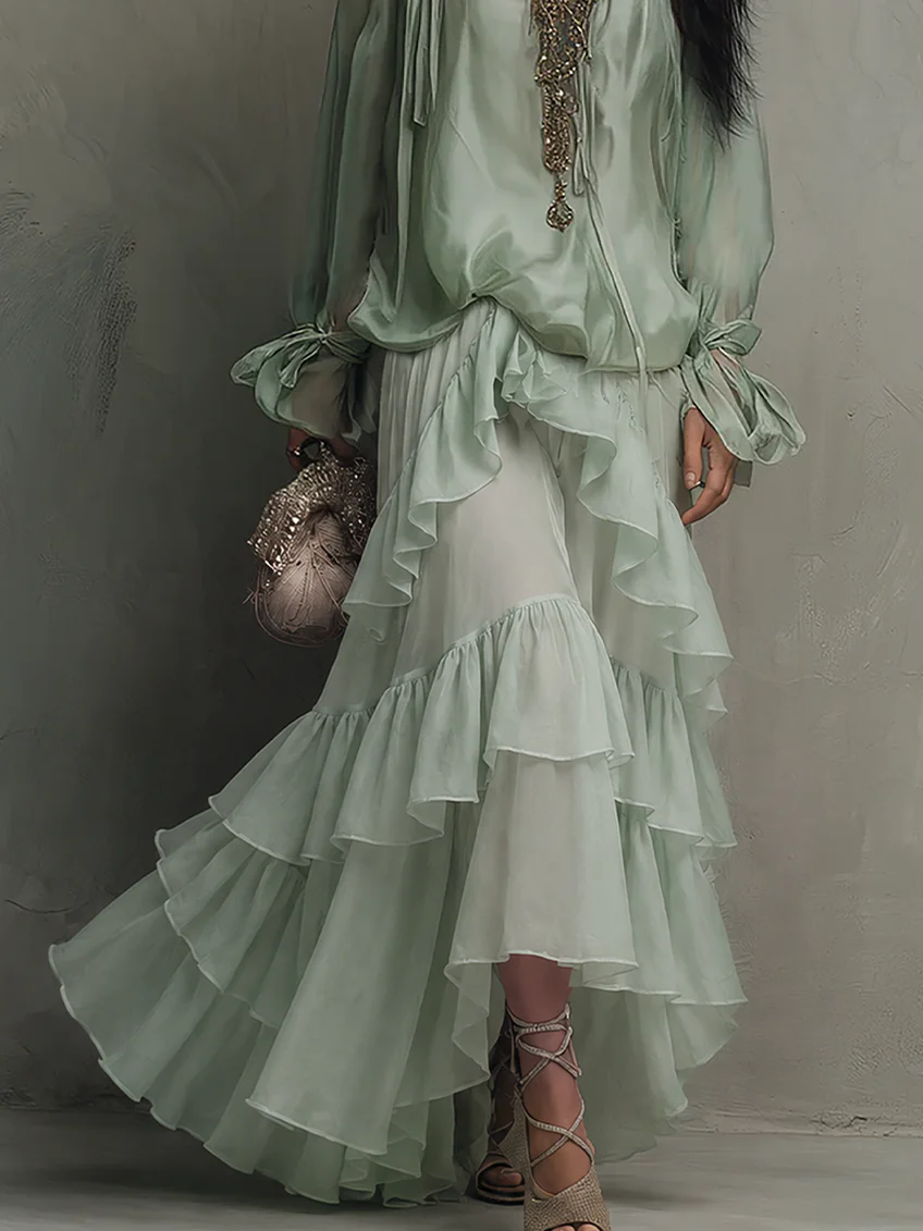 Conjunto de Falda Verde Menta con gasa, volantes y por capas