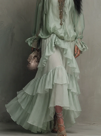 Conjunto de Falda Verde Menta con gasa, volantes y por capas