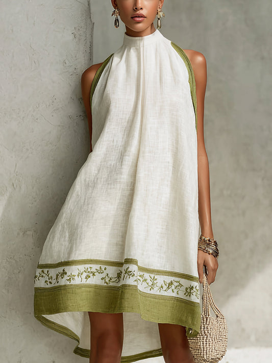 Vestido Mini Blanco Sin Mangas con Ribete Verde Oliva