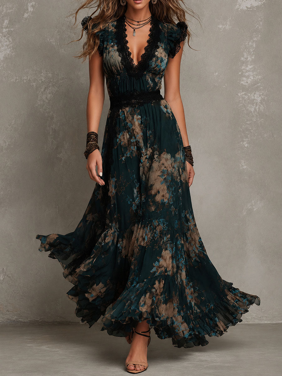 Vestido Estampado Vintage Verde Oscuro con remate de encaje, gasa y floral - Verde Oscuro