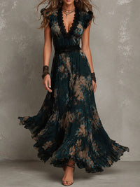 Vestido Estampado Vintage Verde Oscuro con remate de encaje, gasa y floral - Verde Oscuro