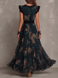 Vestido Estampado Vintage Verde Oscuro con remate de encaje, gasa y floral - Verde Oscuro