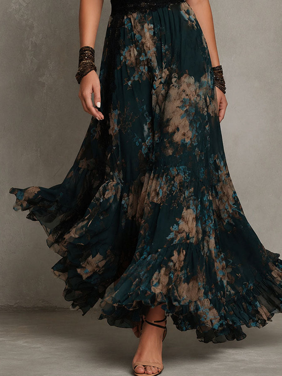 Vestido Estampado Vintage Verde Oscuro con remate de encaje, gasa y floral - Verde Oscuro