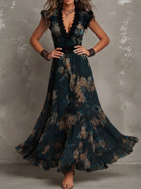 Vestido Estampado Vintage Verde Oscuro con remate de encaje, gasa y floral - Verde Oscuro