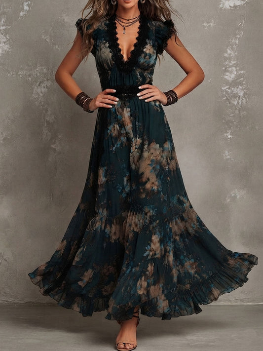 Vestido Estampado Vintage Verde Oscuro con remate de encaje, gasa y floral - Verde Oscuro