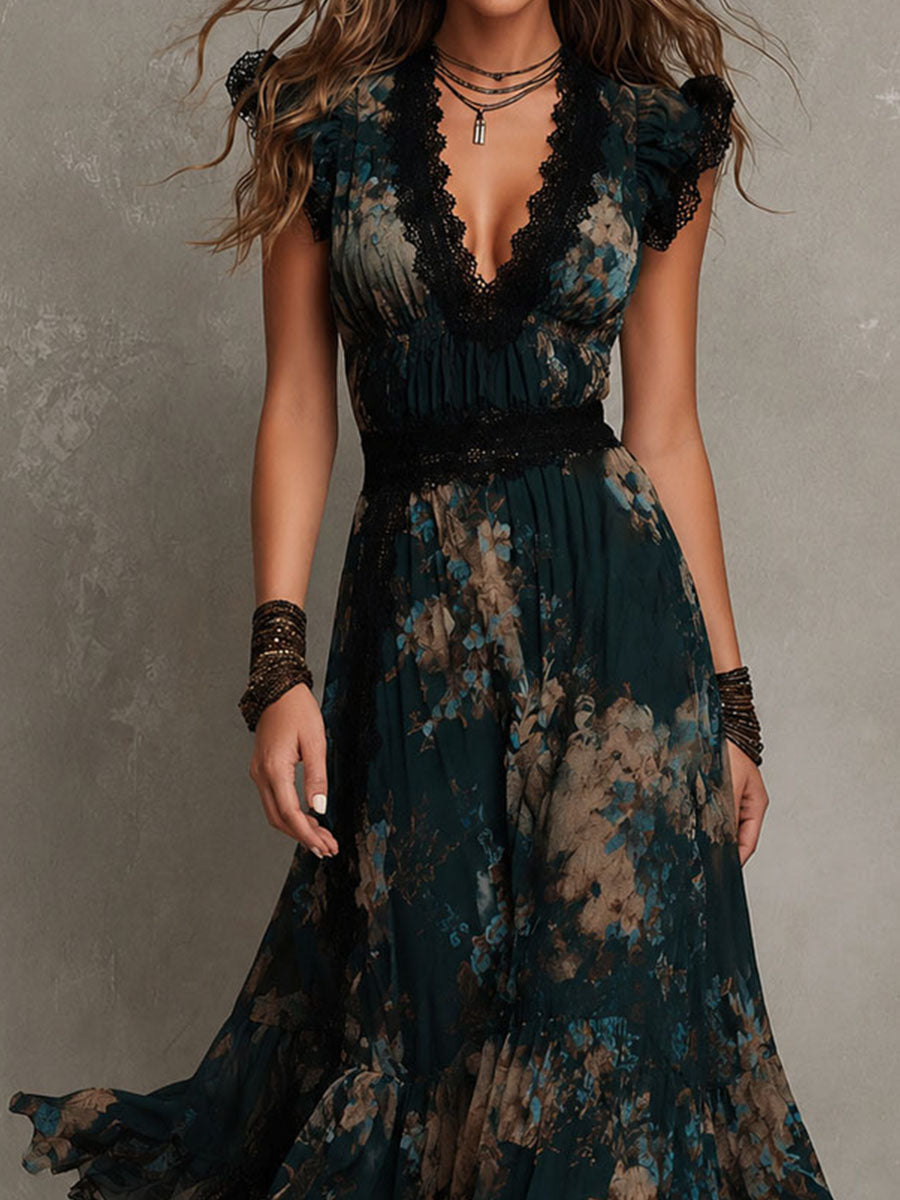 Vestido Estampado Vintage Verde Oscuro con remate de encaje, gasa y floral - Verde Oscuro