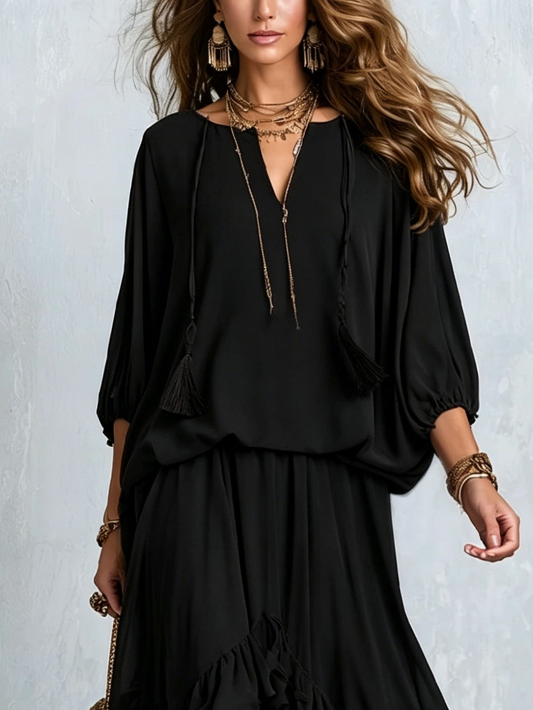 Conjunto de Falda Negro con gasa, cordón de ajuste, escote en V y volantes - Negro