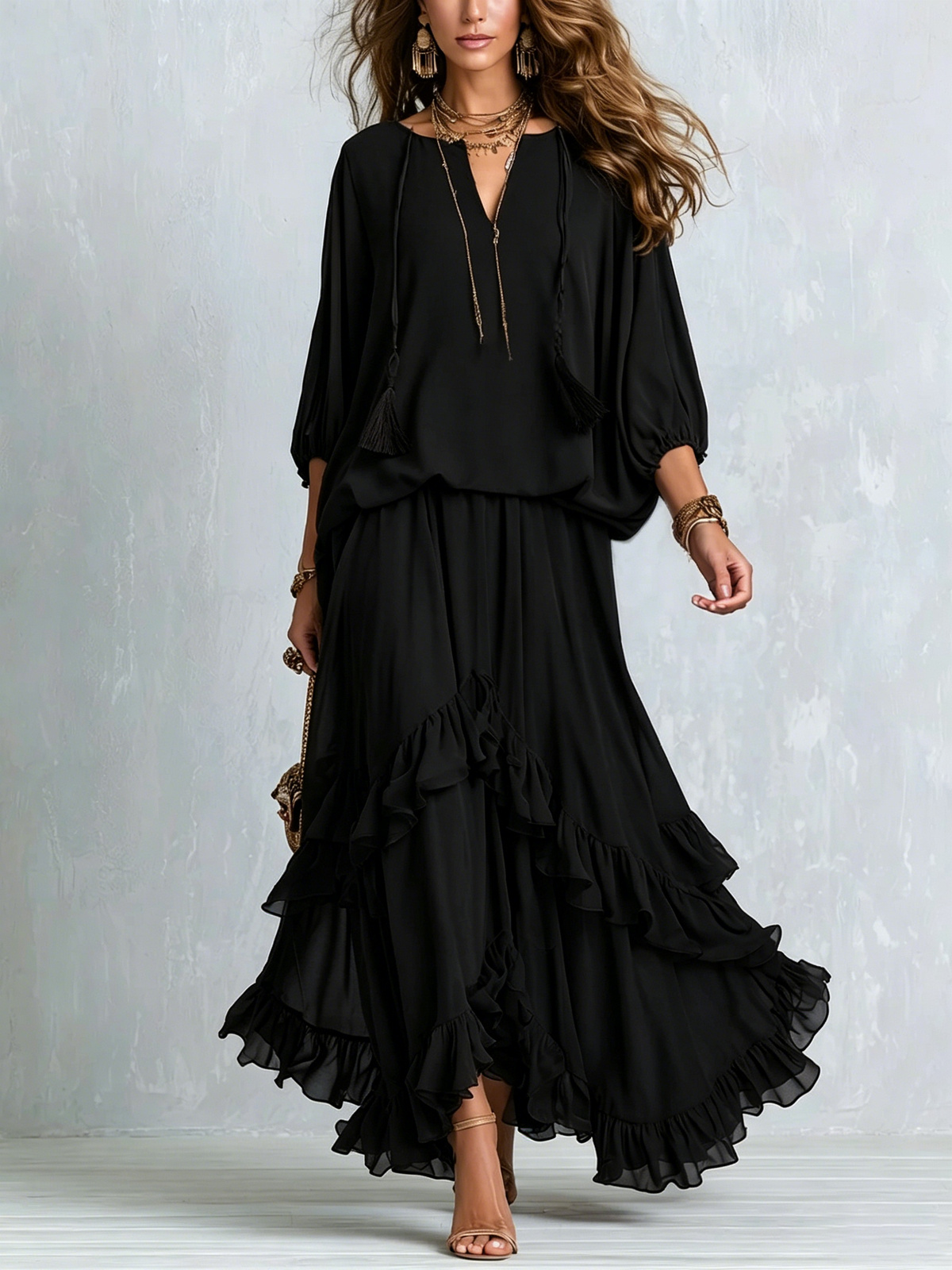Conjunto de Falda Negro con gasa, cordón de ajuste, escote en V y volantes - Negro