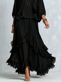 Conjunto de Falda Negro con gasa, cordón de ajuste, escote en V y volantes - Negro