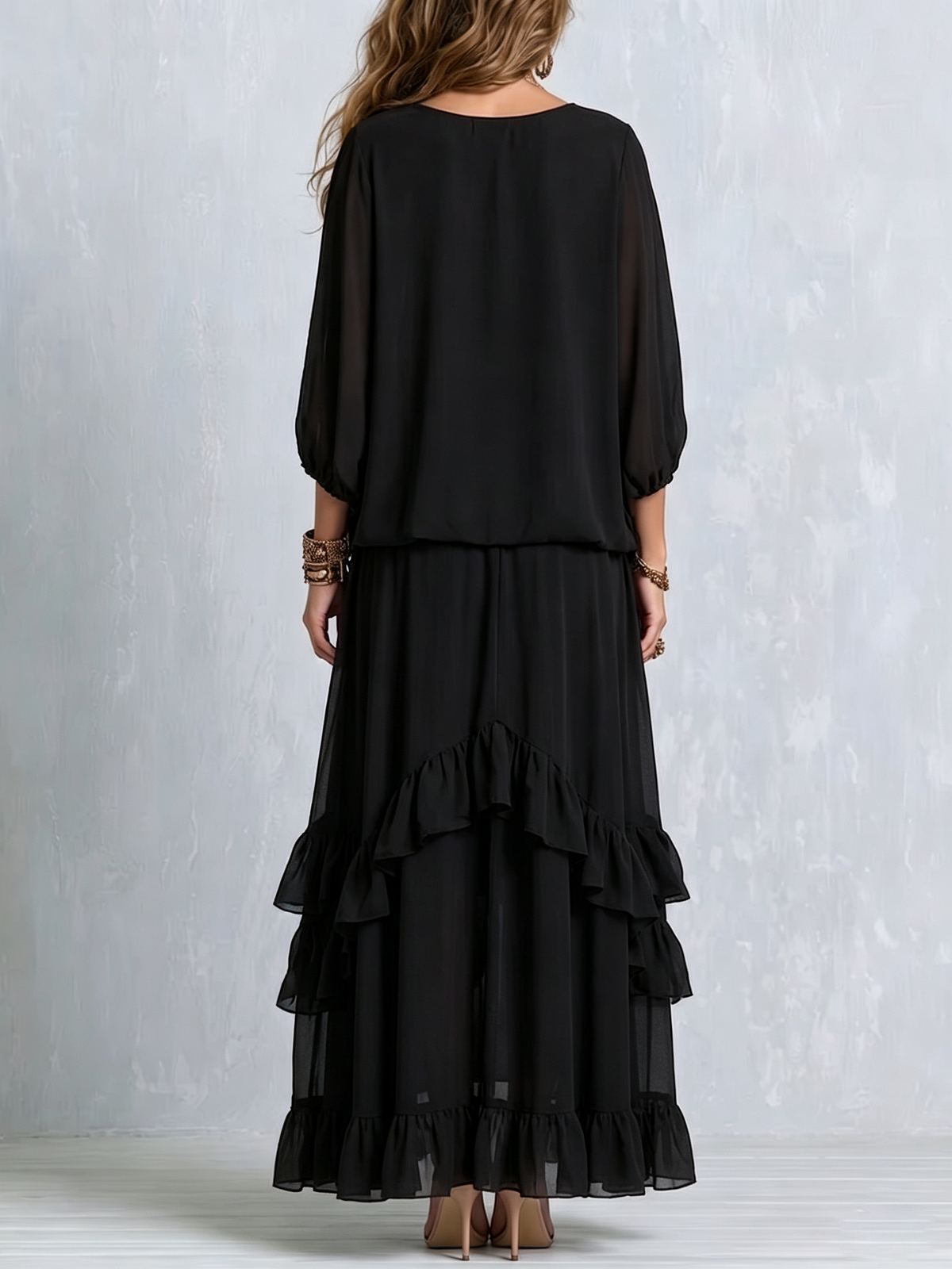 Conjunto de Falda Negro con gasa, cordón de ajuste, escote en V y volantes - Negro
