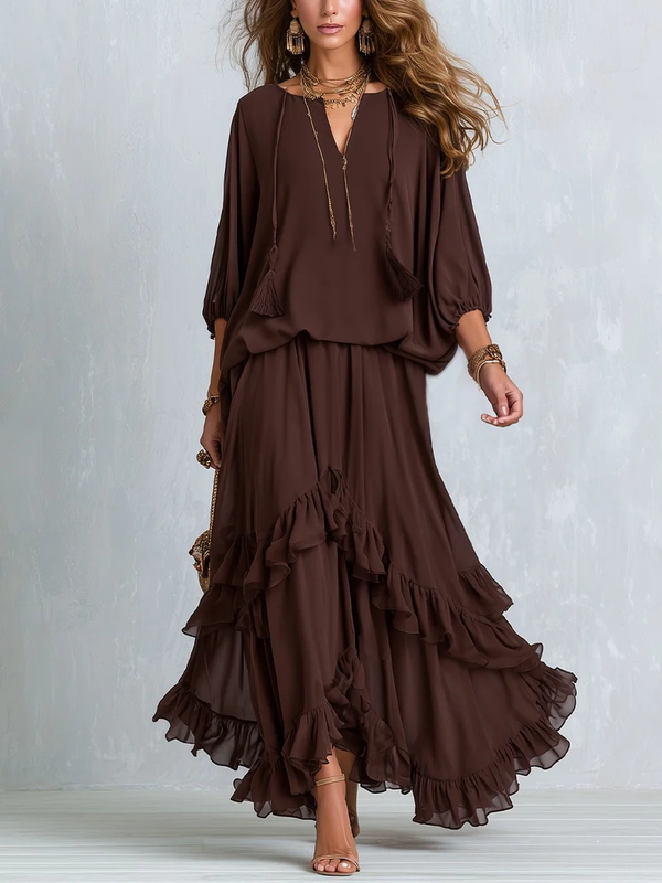 Conjunto de Falda Marrón con gasa, cordón de ajuste, escote en V y volantes - Marrón