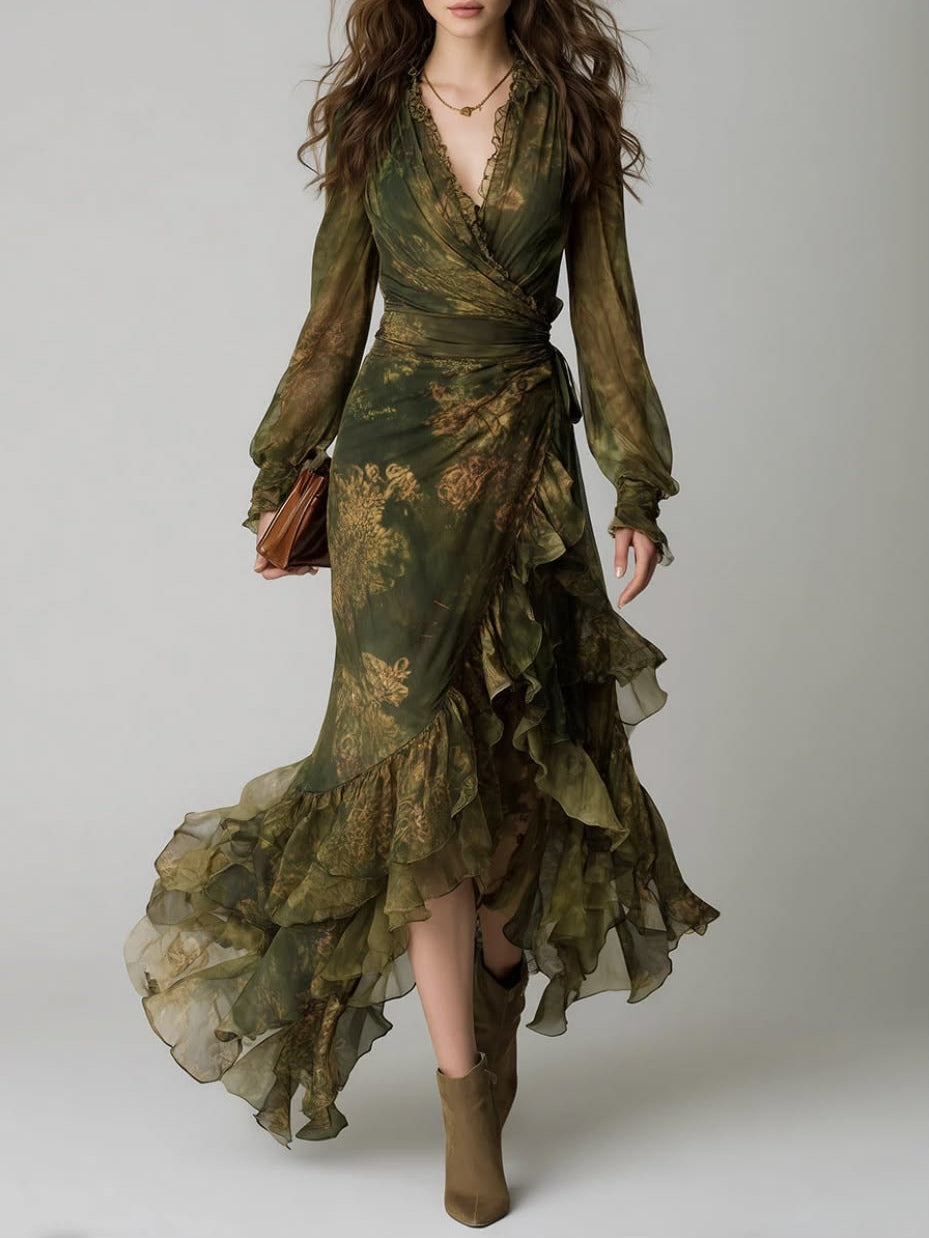 Vestido Estampado Verde con estampado floral, por capas, volante y gasa - Verde