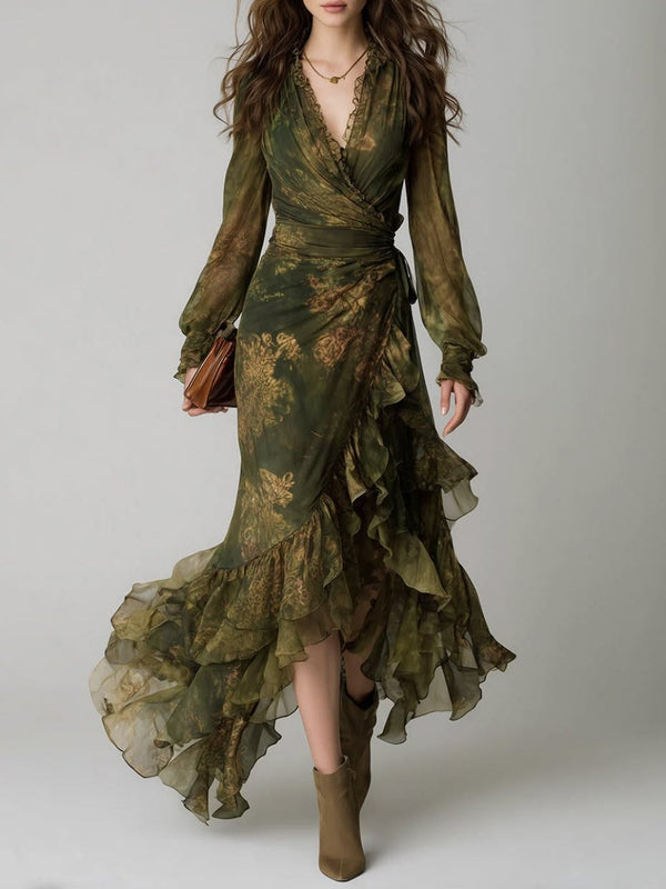 Vestido Estampado Verde con estampado floral, por capas, volante y gasa - Verde