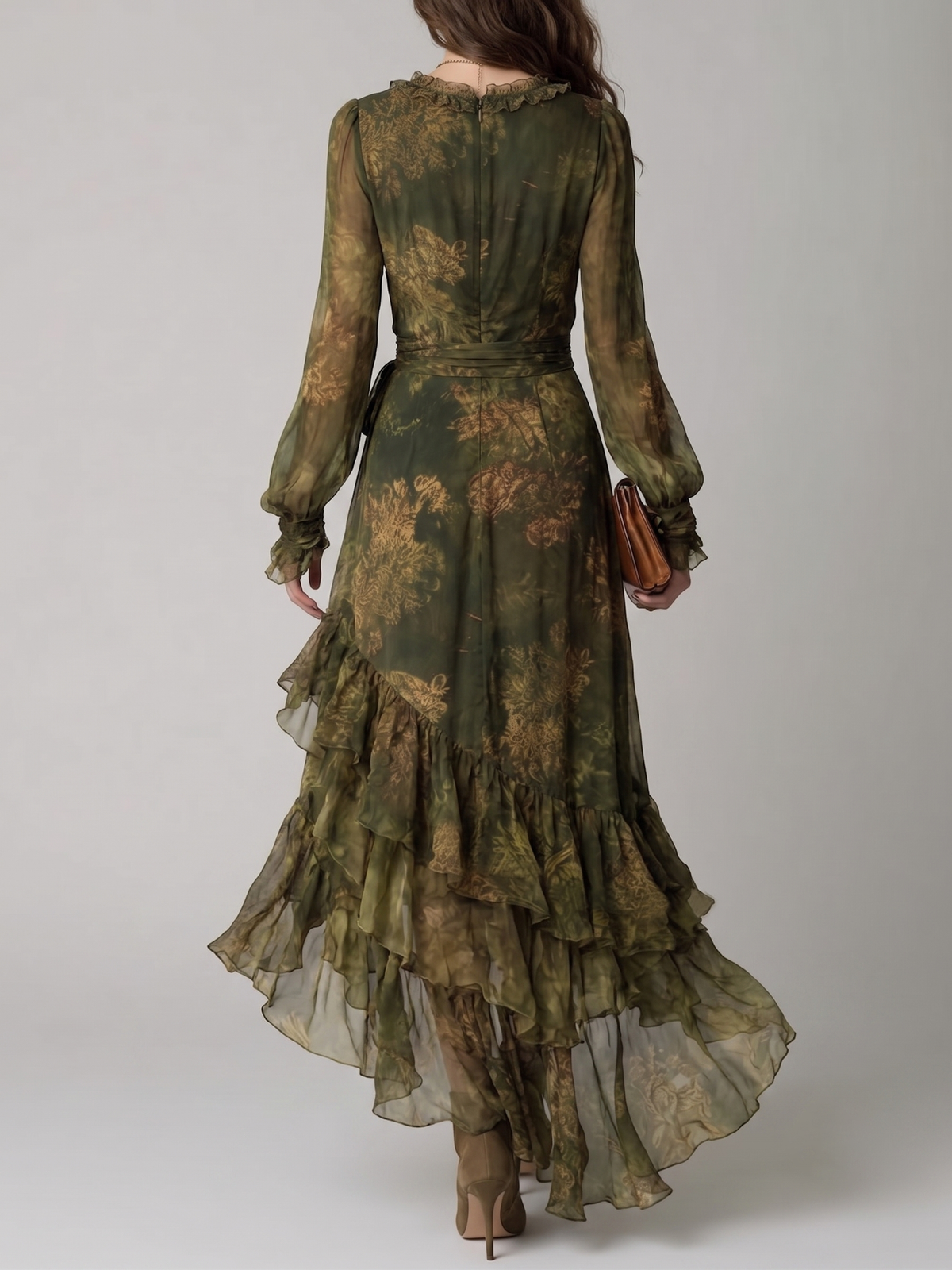 Vestido Estampado Verde con estampado floral, por capas, volante y gasa - Verde