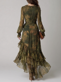 Vestido Estampado Verde con estampado floral, por capas, volante y gasa - Verde