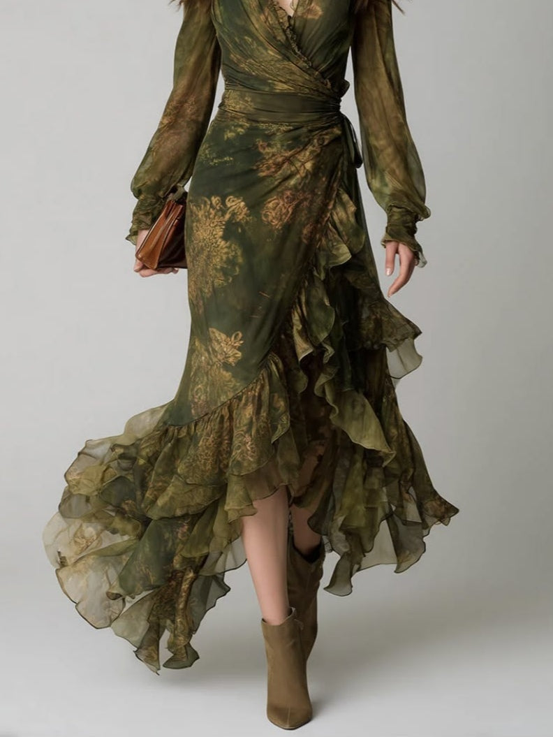 Vestido Estampado Verde con estampado floral, por capas, volante y gasa - Verde