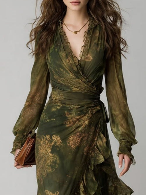 Vestido Estampado Verde con estampado floral, por capas, volante y gasa - Verde