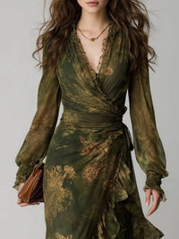 Vestido Estampado Verde con estampado floral, por capas, volante y gasa - Verde
