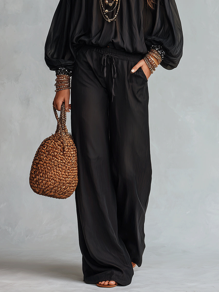 Conjunto de Pantalón Negro con lentejuelas, cordón de ajuste y pierna ancha - Negro