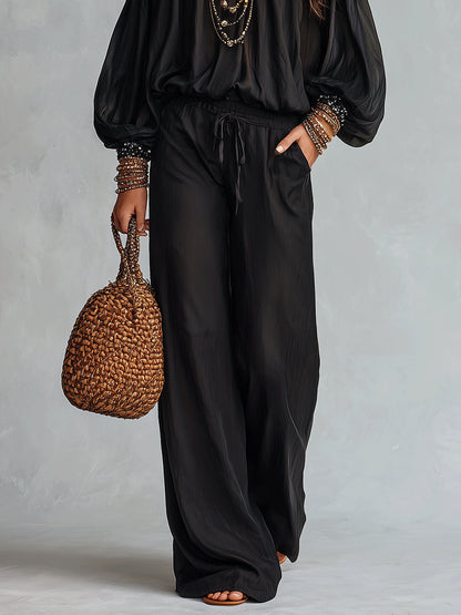 Conjunto de Pantalón Negro con lentejuelas, cordón de ajuste y pierna ancha - Negro