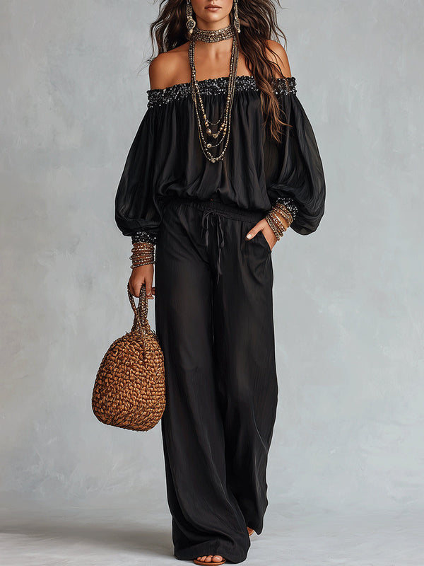 Conjunto de Pantalón Negro con lentejuelas, cordón de ajuste y pierna ancha - Negro