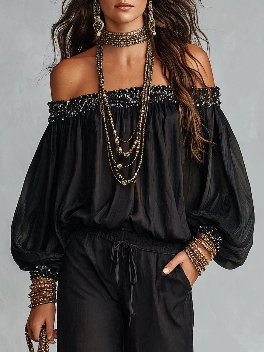 Conjunto de Pantalón Negro con lentejuelas, cordón de ajuste y pierna ancha - Negro