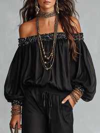 Conjunto de Pantalón Negro con lentejuelas, cordón de ajuste y pierna ancha - Negro