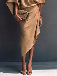 Vestido Midi Manga Corta con drapeado y corte asimétrico - Caqui