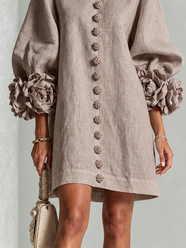 Minivestido Topo con botones delanteros, puños y floral - Topo