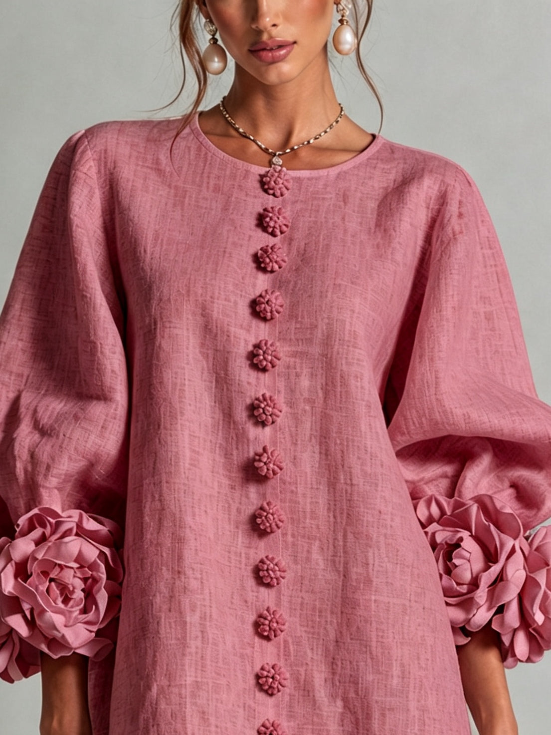 Minivestido Vintage Rosa Palo con botones delanteros, puños y floral - Rosa Palo