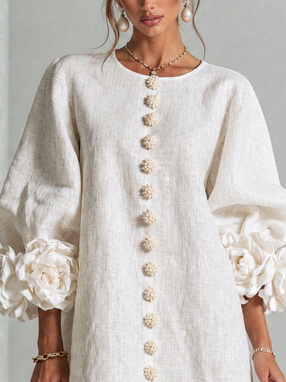 Vestido Mini con Botones Flor y Puños de Flores