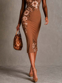 Vestido Estampado Marrón con transparente, floral y estampado