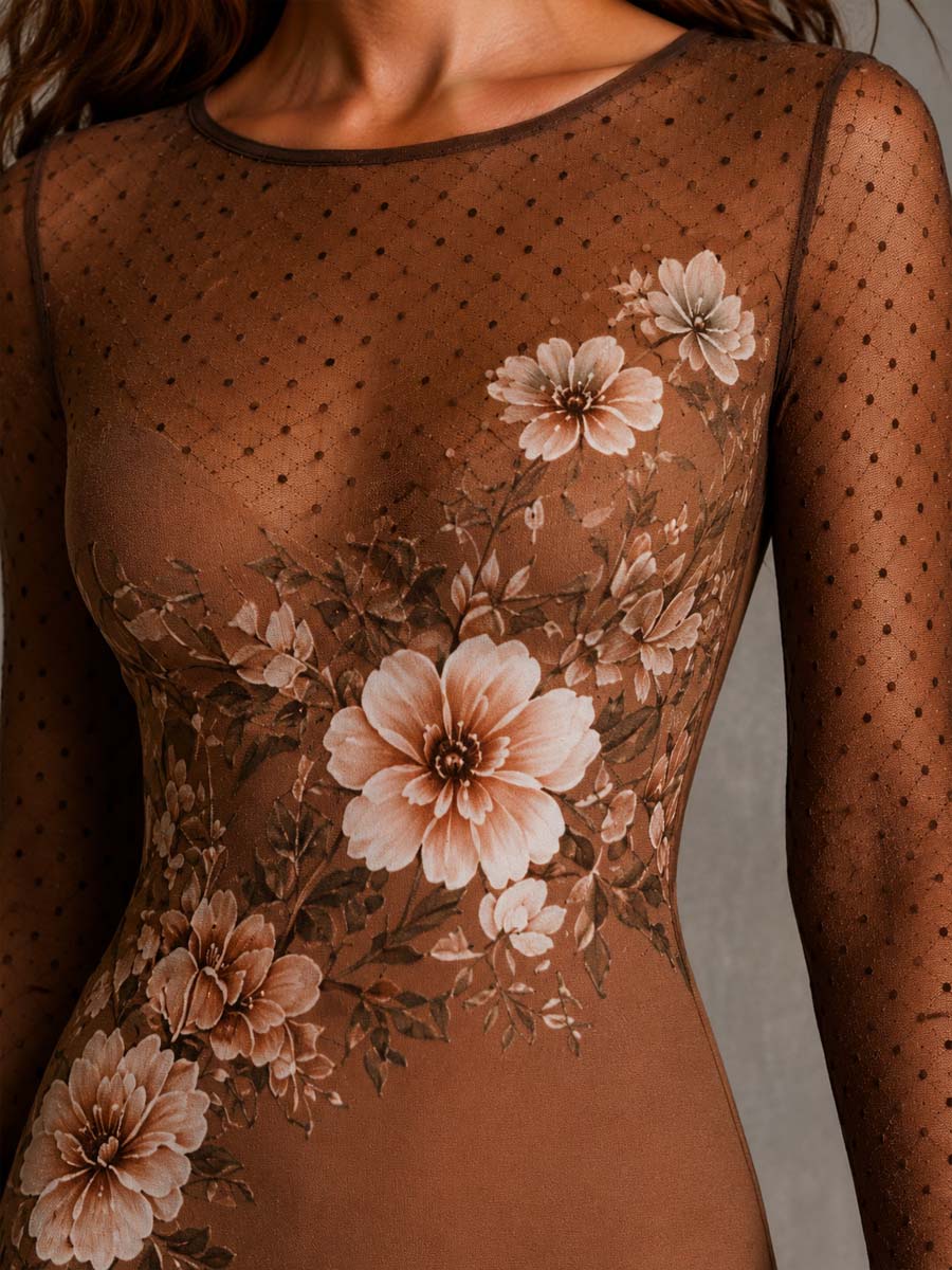 Vestido Estampado Marrón con transparente, floral y estampado - Marrón
