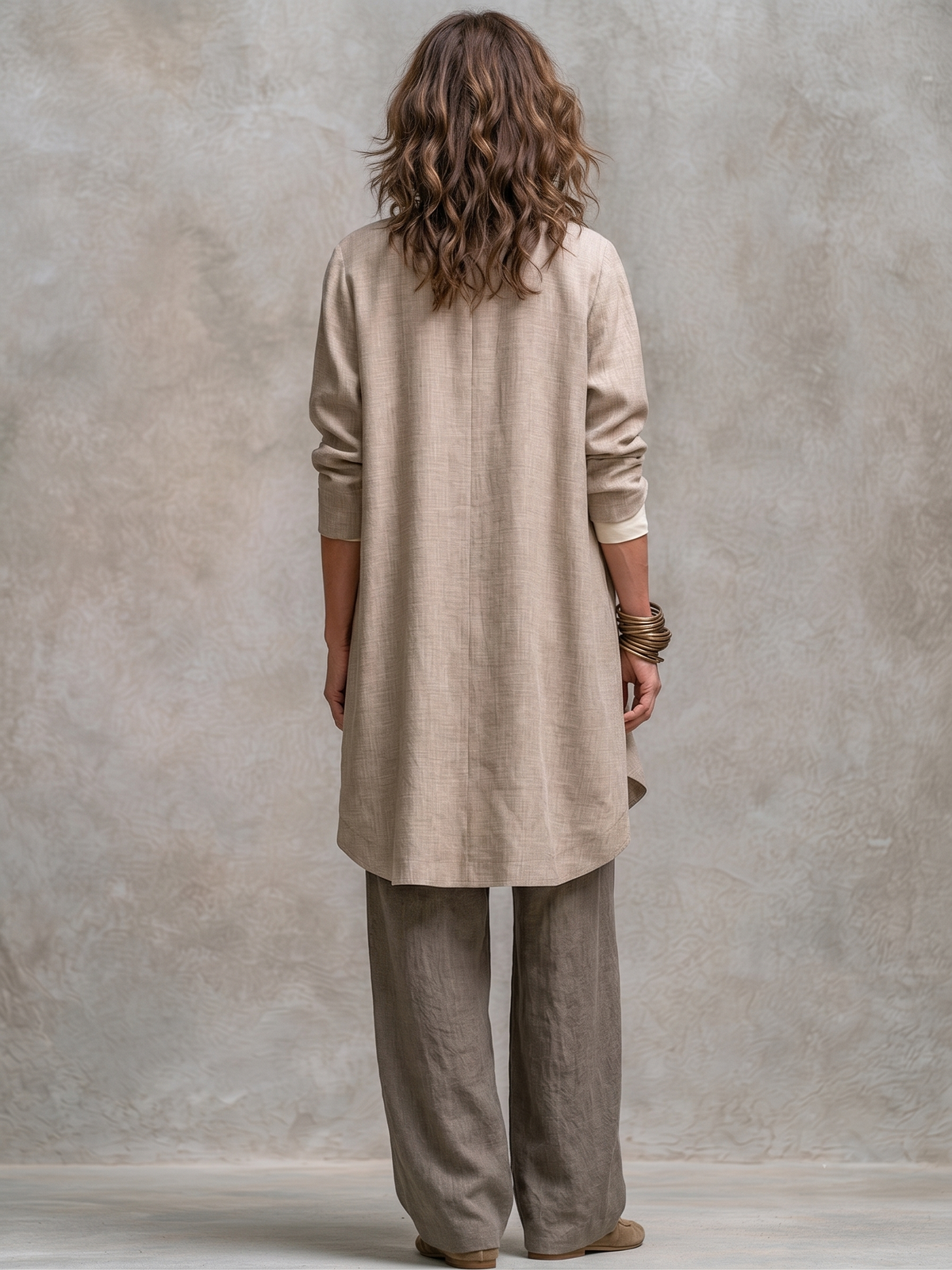 Conjunto de Tres Piezas Casual Beige Gris con por capas y pierna ancha - Beige Gris