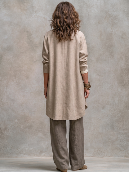 Conjunto de Tres Piezas Casual Beige Gris con por capas y pierna ancha - Beige Gris