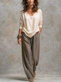 Conjunto de Tres Piezas Casual Beige Gris con por capas y pierna ancha - Beige Gris