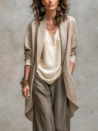 Conjunto de Tres Piezas Casual Beige Gris con por capas y pierna ancha - Beige Gris