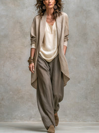 Conjunto de Tres Piezas Casual Beige Gris con por capas y pierna ancha - Beige Gris