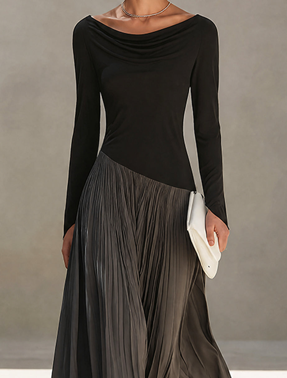 Vestido Largo Negro con drapeado y plisado - Negro