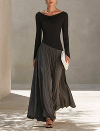 Vestido Largo Negro con drapeado y plisado - Negro