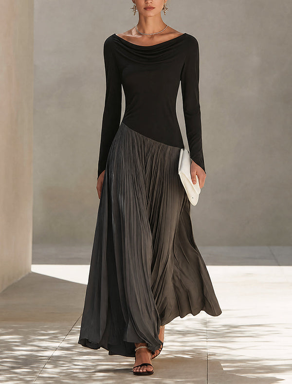 Vestido Largo Negro con drapeado y plisado - Negro