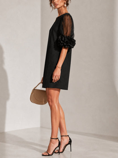 Black Organza Mini Dress with Puff Sleeves and Floral Cuffs