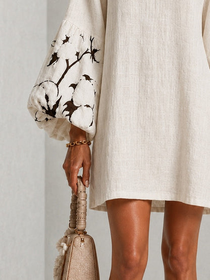 Minivestido Blanco con escote en V, manga abullonada y estampado floral