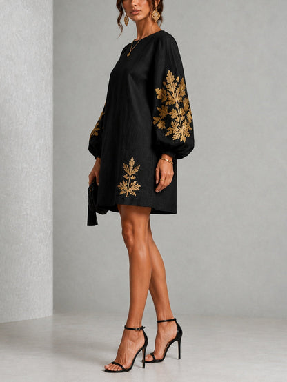 Minivestido Negro Corte Holgado con escote redondo, manga farol y estampado - Negro