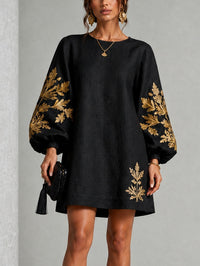 Minivestido Negro Corte Holgado con escote redondo, manga farol y estampado - Negro