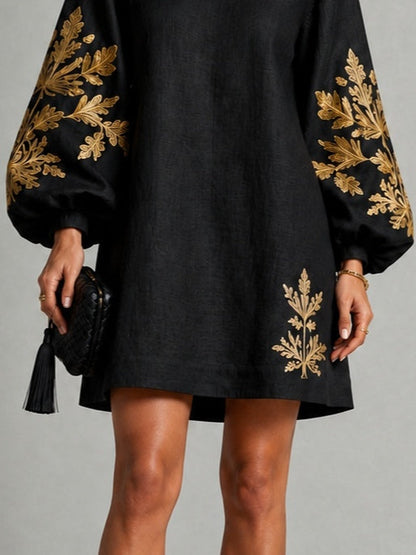 Minivestido Negro Corte Holgado con escote redondo, manga farol y estampado - Negro