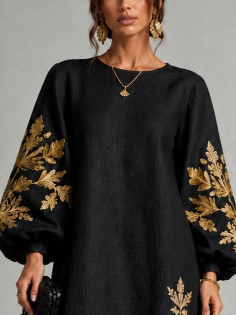 Minivestido Negro Corte Holgado con escote redondo, manga farol y estampado - Negro
