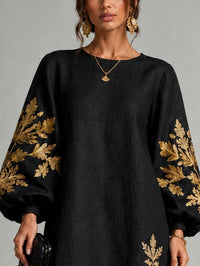 Minivestido Negro Corte Holgado con escote redondo, manga farol y estampado - Negro