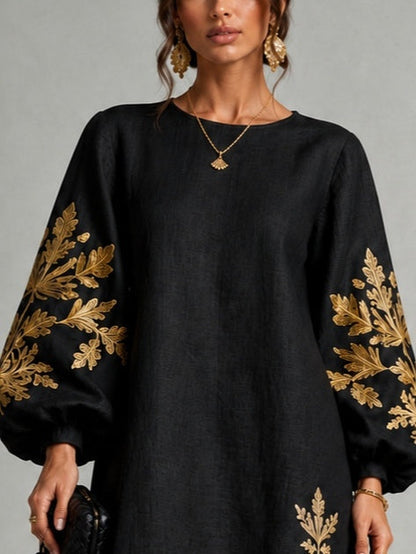 Minivestido Negro Corte Holgado con escote redondo, manga farol y estampado - Negro